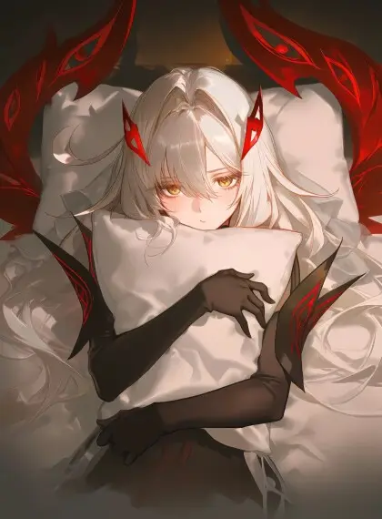 二次元插画、白发少女、抱枕、红色角饰