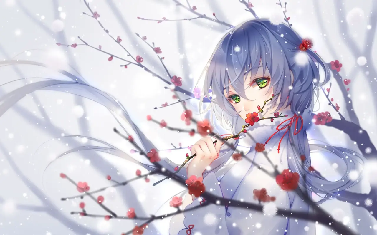 tupian — 动漫少女、梅花、雪景插画