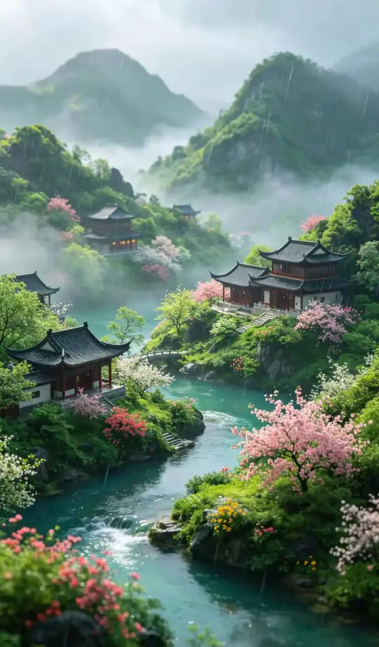 古风山水、中式建筑、烟雨风景、溪流插画